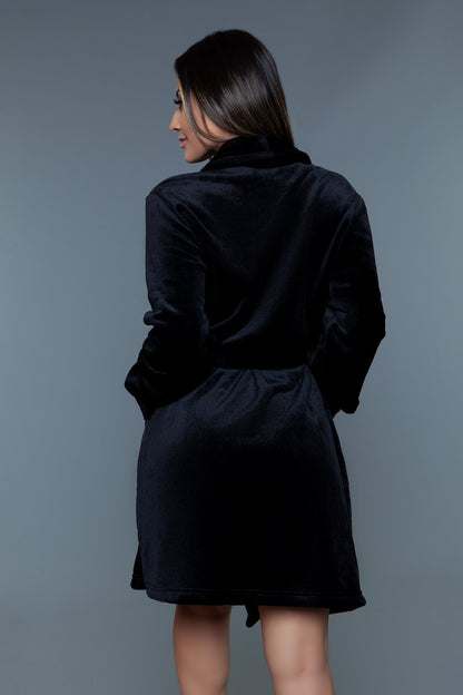 Plush shawl collar robe in black, back view showing the knee length hem and belt