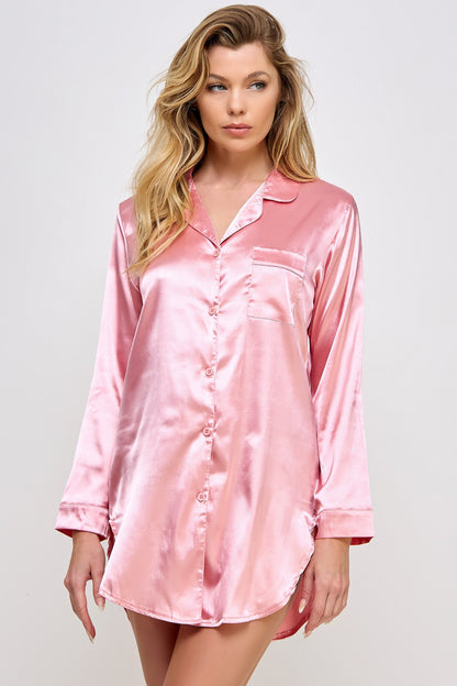 Satin sleep shirt in dusty rose on a model, front view showing the notched collar and chest pocket