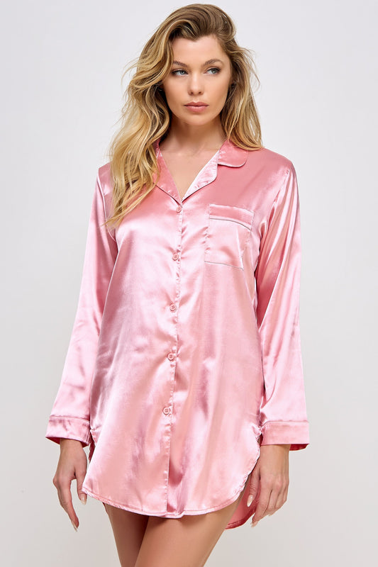 Satin sleep shirt in dusty rose on a model, front view showing the notched collar and chest pocket