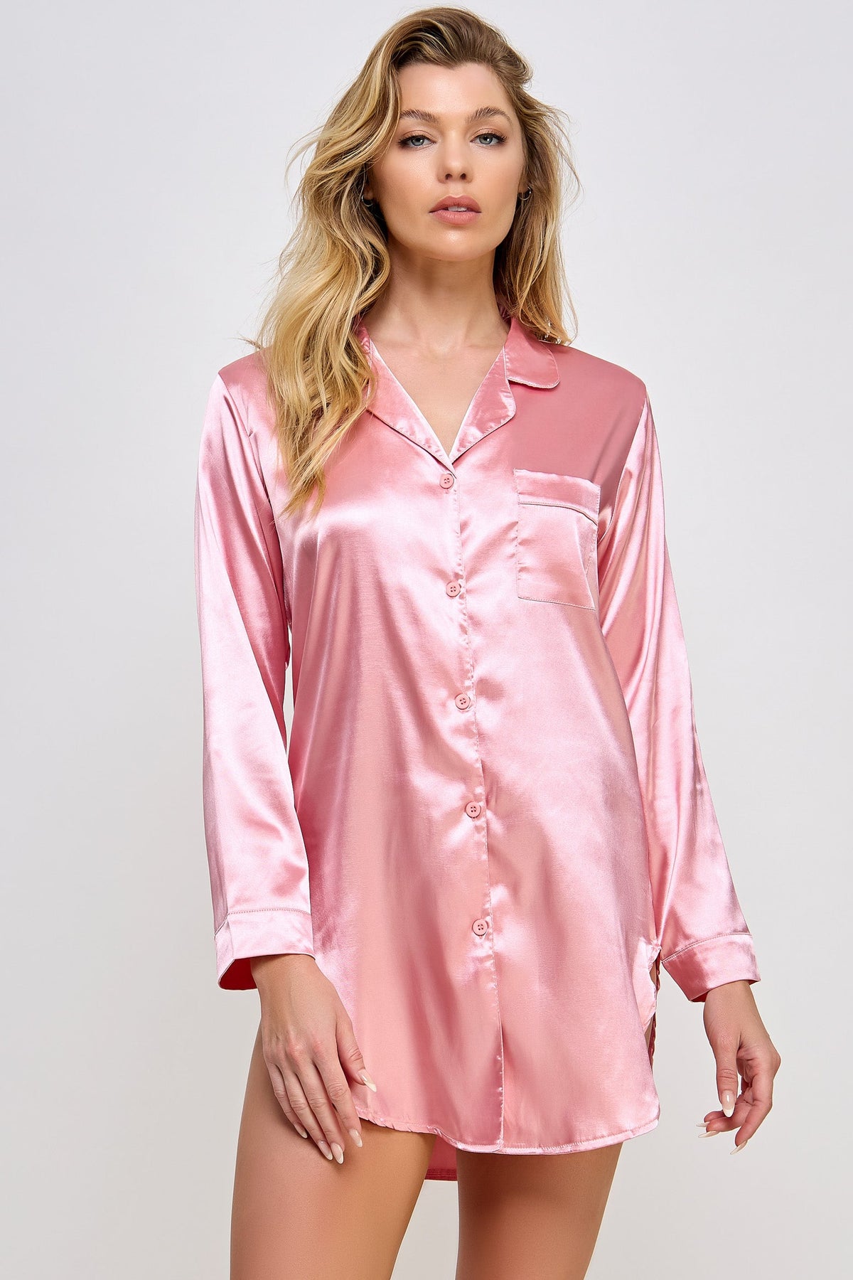 Dusty rose satin sleep shirt, front view of the button placket and pocket