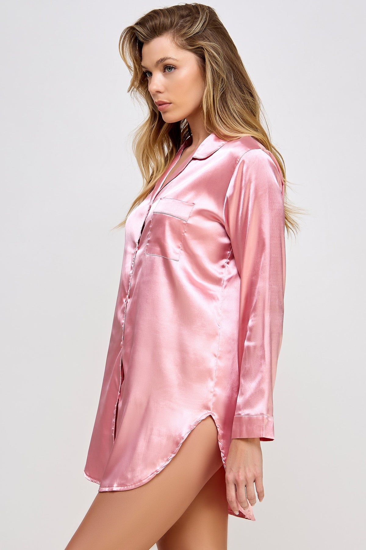 Dusty rose satin sleep shirt, side view of the long sleeve and cuff