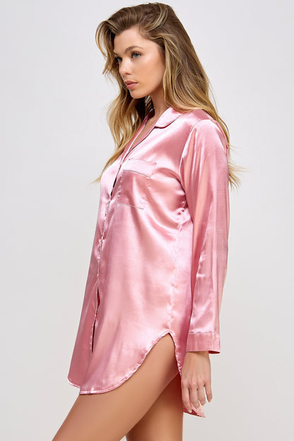Dusty rose satin sleep shirt, side view of the long sleeve and cuff