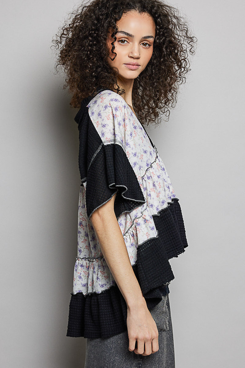 POL Floral Print V-Neck Woven Blouse with Gentle Gathers-2