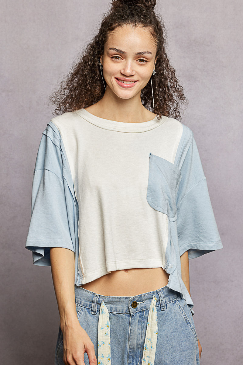 POL Color Block Patchwork Cropped T-Shirt-0