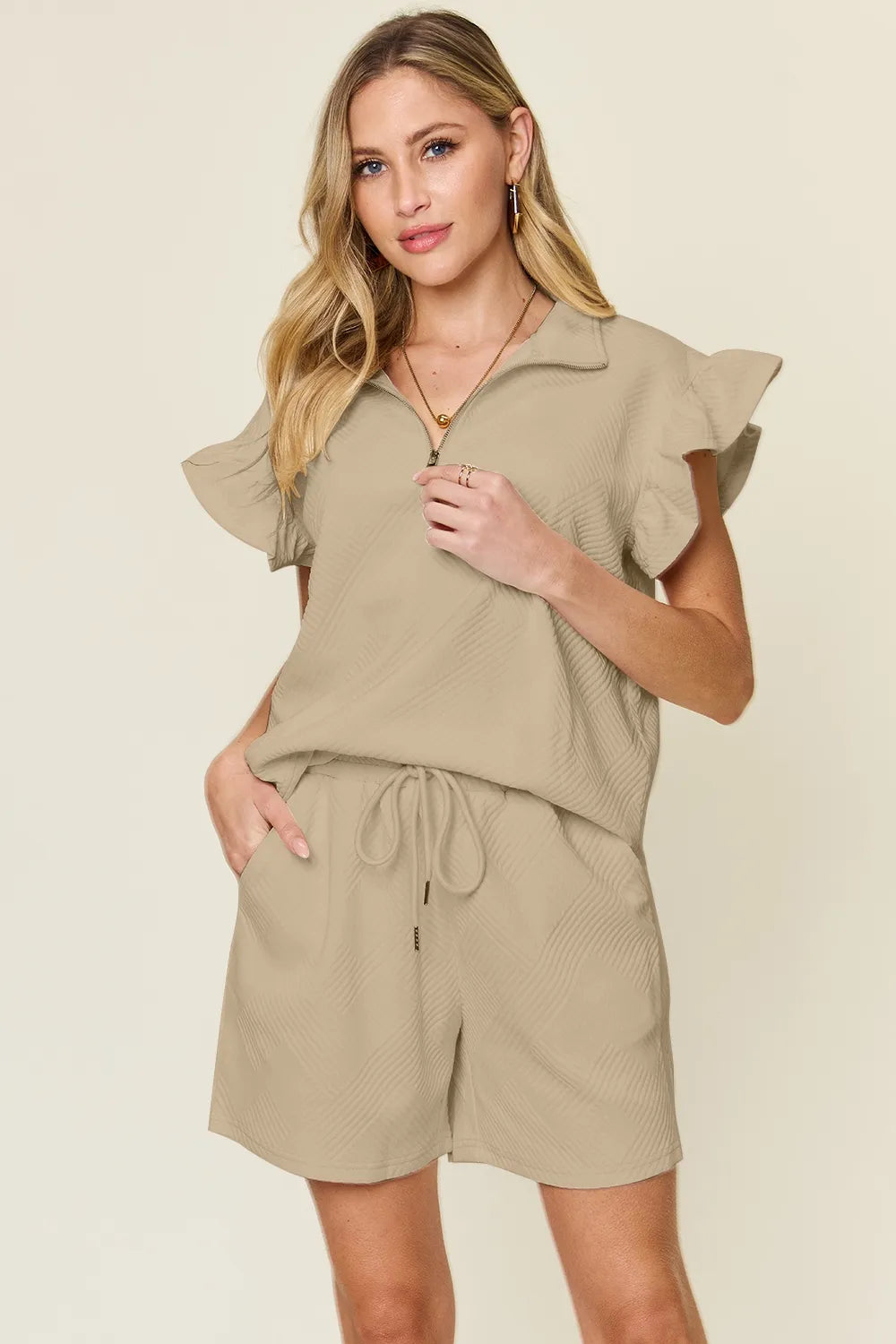 Double Take Full Size Texture Flounce Sleeve Top and Drawstring Shorts Set-15