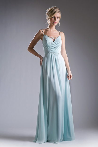 A-line evening gown with a ruched V-neck bodice and slender crisscross straps.