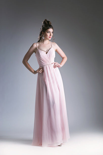 Pink V-neck evening gown with spaghetti straps and a beaded waistband.