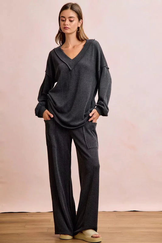 BiBi Two Tone Cord Rib Contrast Stitching V-Neck Top and Pants Set-0