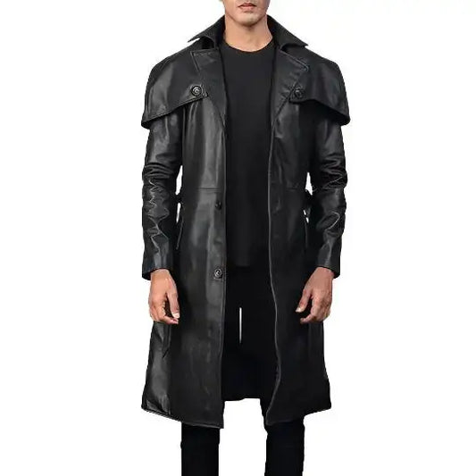 Men's Black Leather Trench Coat-0