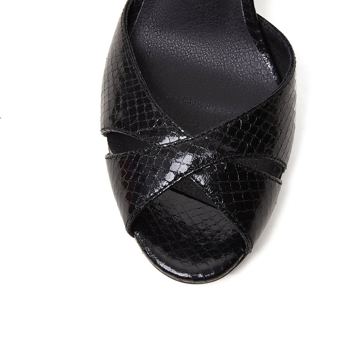 Black Python Ankle Strap Block Heel Sandals-4