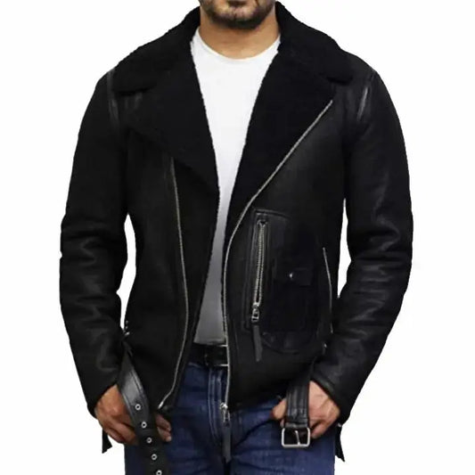 Men’s Black Sheepskin Shearling Aviator Jacket-0