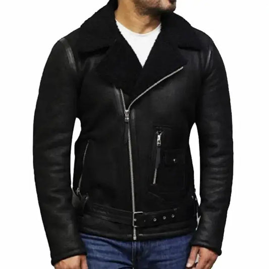 Men’s Black Sheepskin Shearling Aviator Jacket-1