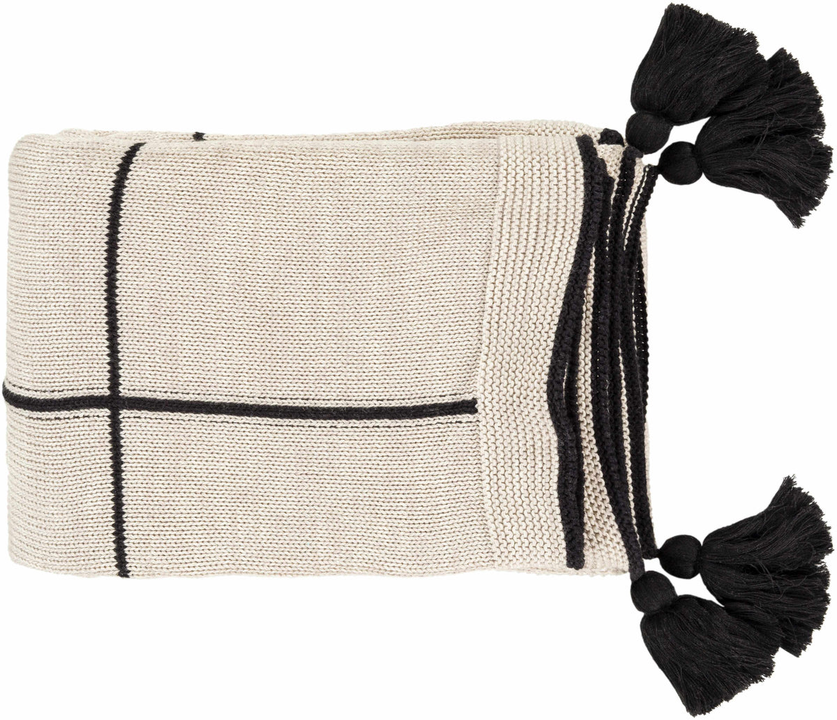 Folded cream knit cotton throw blanket with black grid lines and black tassels at the corners