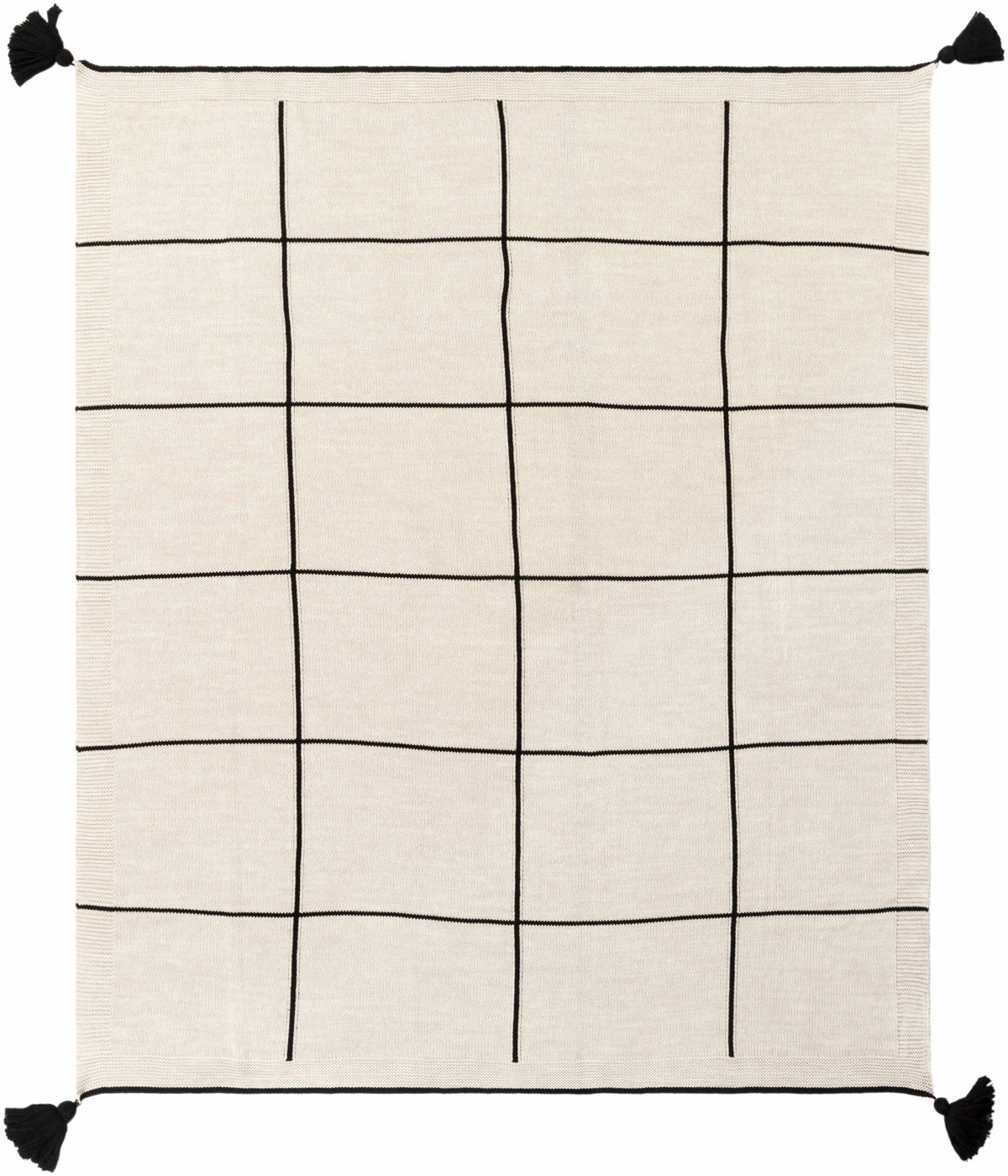 Flat view of the cream knit throw blanket with a black windowpane grid and a black tassel at each corner