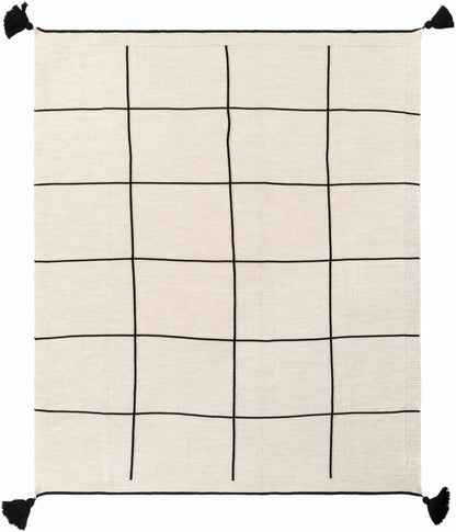 Flat view of the cream knit throw blanket with a black windowpane grid and a black tassel at each corner