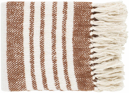 Close view of the cream throw blanket with rust stripes in a twill weave and cream fringe at the end