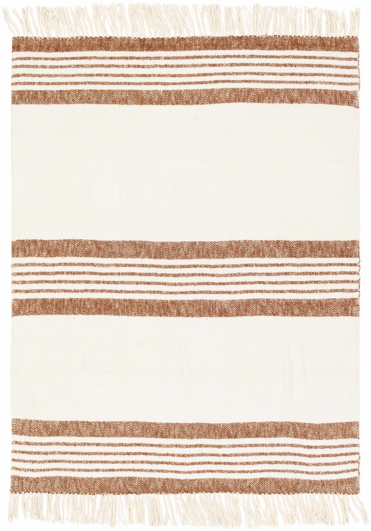 Flat view of the cream throw blanket with three bands of rust stripes and fringe on both short ends