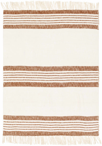 Flat view of the cream throw blanket with three bands of rust stripes and fringe on both short ends
