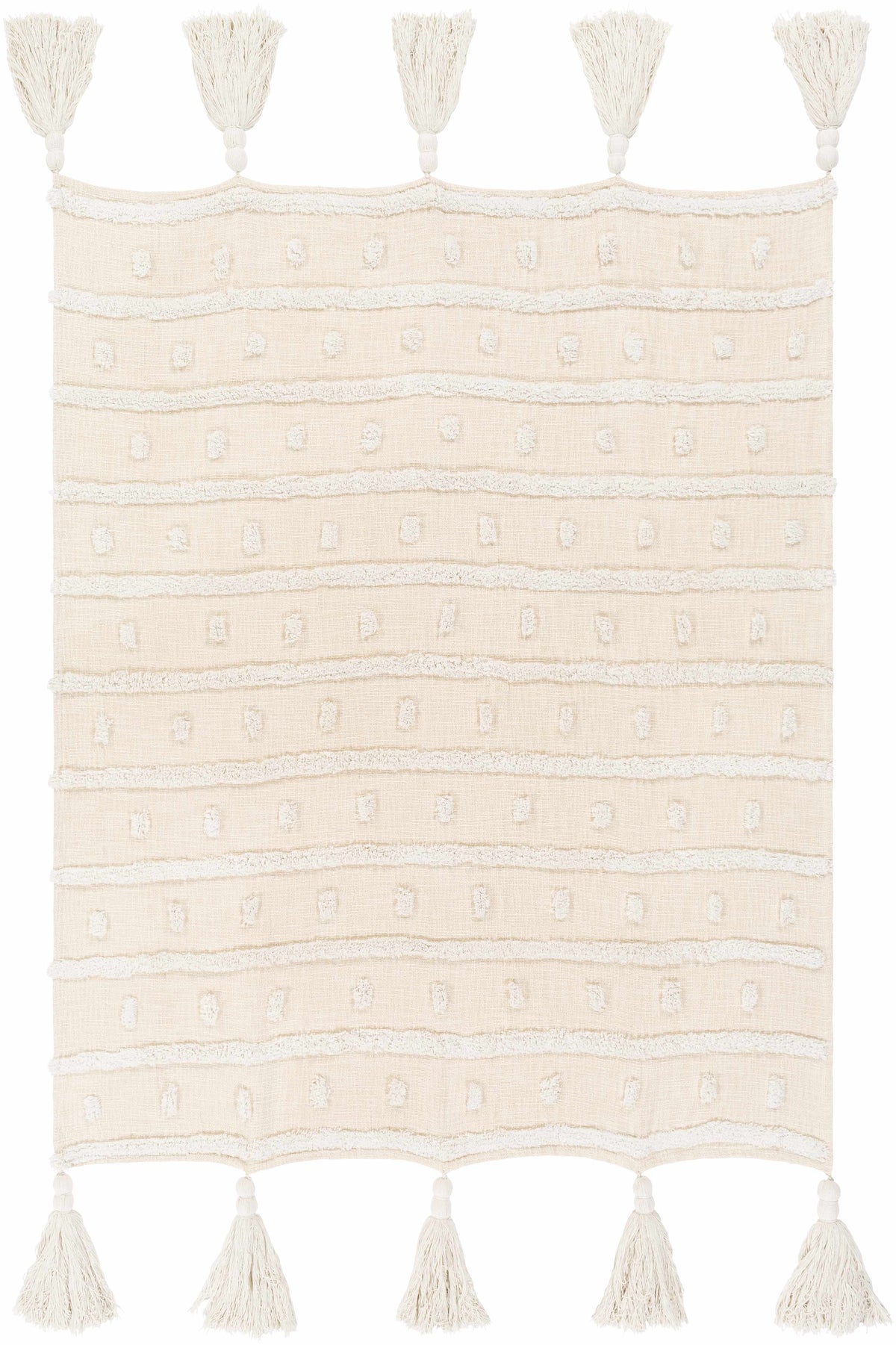 Flat view of the cream cotton throw blanket with rows of tufted dots and five tassels on each short end
