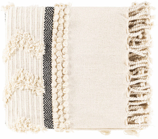Folded ivory boho cotton throw blanket showing tufted loops, a dark herringbone stripe and chunky knotted fringe
