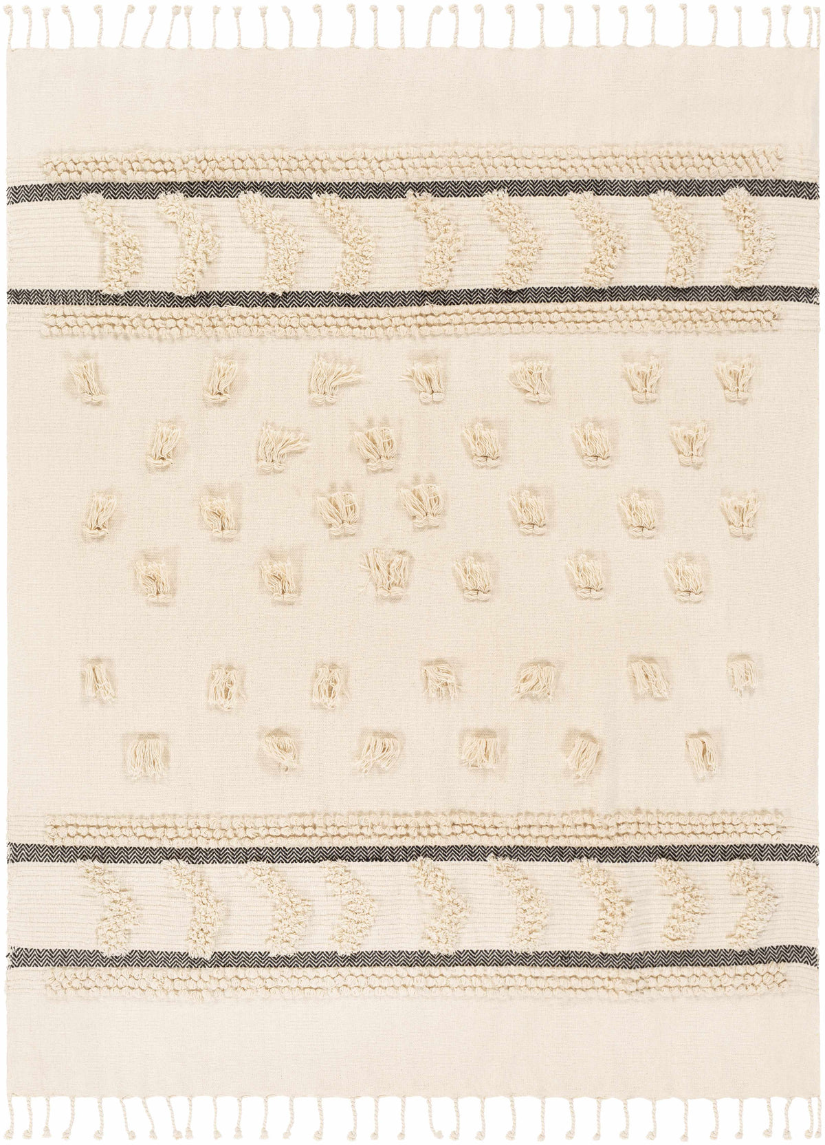 Flat view of the ivory throw blanket with rows of tufts, two bands of dark stripes and fringe on both short ends