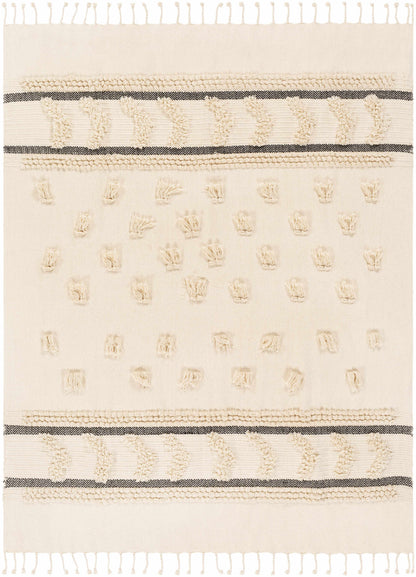 Flat view of the ivory throw blanket with rows of tufts, two bands of dark stripes and fringe on both short ends