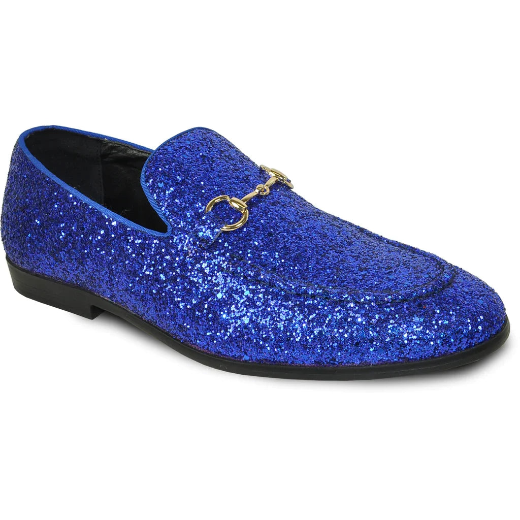 Blue glitter tuxedo loafer, a slip-on dress shoe.