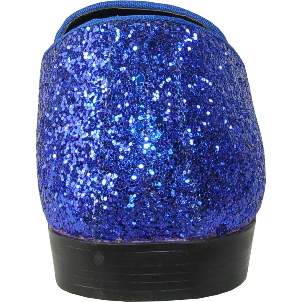 Blue glitter loafer in a slip-on dress shoe style.