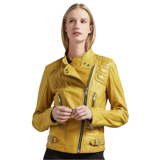 Women's Bright Yellow Leather Biker Jacket-0