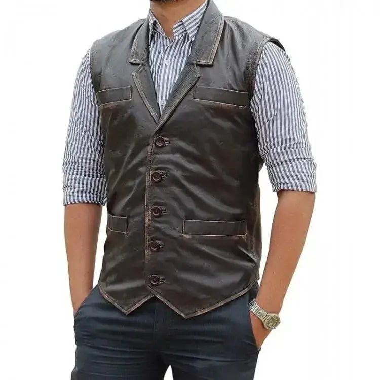 Men’s Brown Leather Vest – Western Cowboy Style