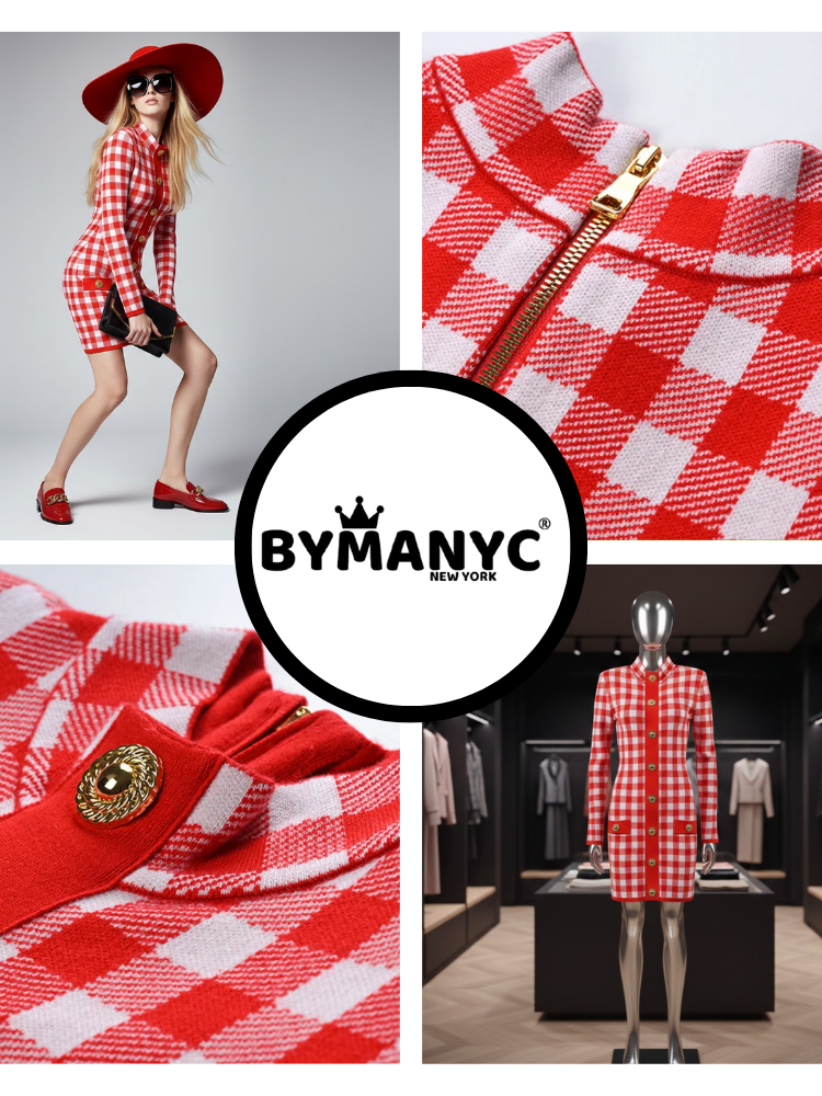 Red and white gingham knit gown with a mock neck, from BYMANYC New York's new arrivals collection.