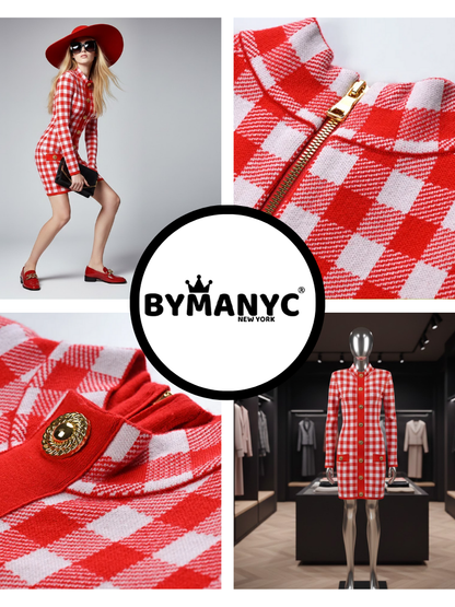Red and white gingham knit gown with a mock neck, from BYMANYC New York's new arrivals collection.