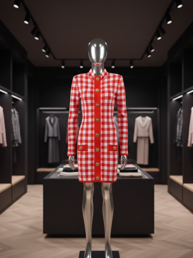Red and white gingham knit gown by BYMANYC New York, mock neck, shown full length.