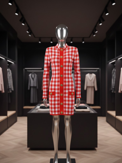 Red and white gingham knit gown by BYMANYC New York, mock neck, shown full length.