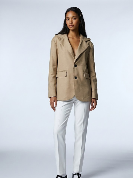 Camel brown hooded tailored blazer by BYMANYC New York with notched lapels and a two-button front.
