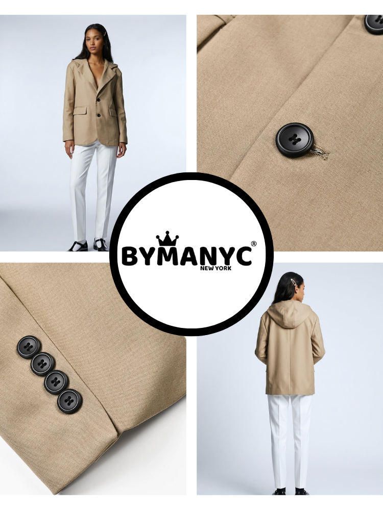 Camel brown hooded tailored blazer by BYMANYC New York, shown on a model.