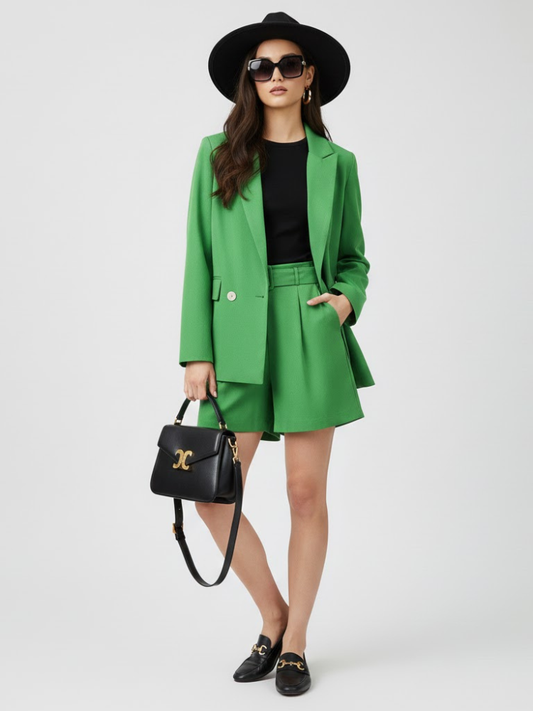 Lime green tailored blazer and shorts set by BYMANYC New York, shown on a model.