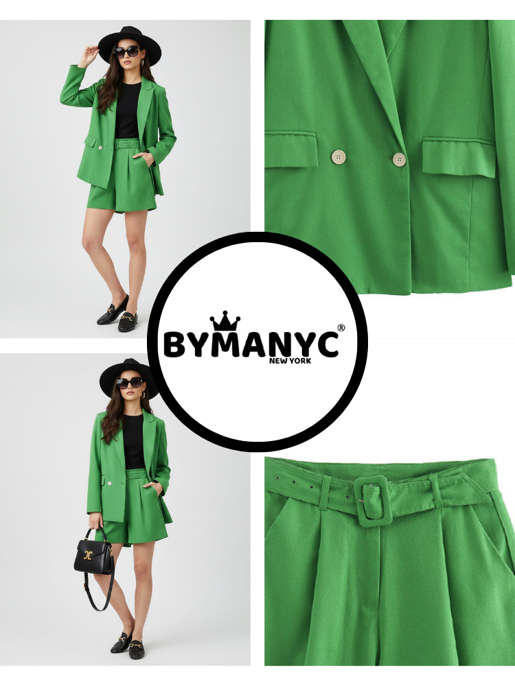 Lime green tailored blazer and shorts set by BYMANYC New York, full-length view.