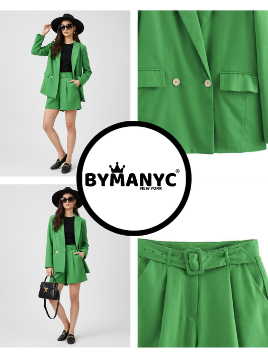 Lime green tailored blazer and shorts set by BYMANYC New York, full-length view.