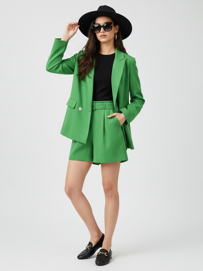 Lime green tailored blazer and shorts set by BYMANYC New York, second view.