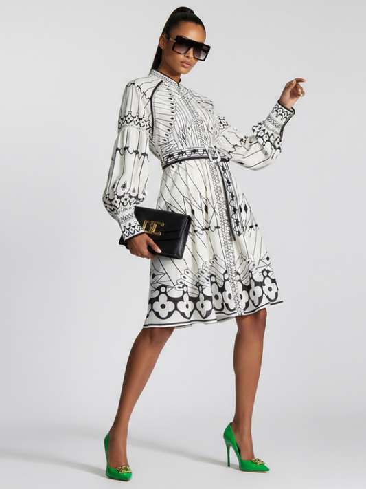 BYMANYC New York midi dress with a geometric butterfly print, puff sleeves and a belted waist.