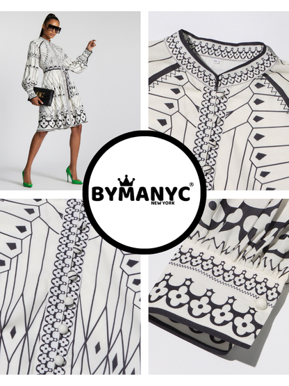 BYMANYC New York midi dress with a geometric butterfly print and puff sleeves.