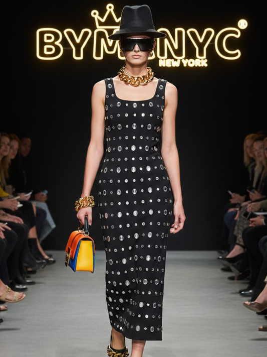 Black Noir gown by BYMANYC with geometric crystal beadwork.