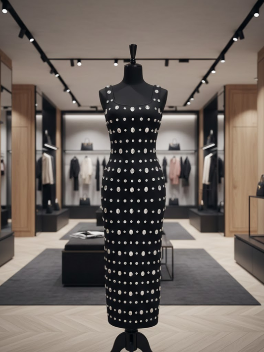 Black Noir gown by BYMANYC with geometric crystal beadwork set in vertical rows.