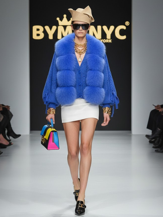 Electric blue plush knit jacket by BYMANYC New York with a deep pile surface.