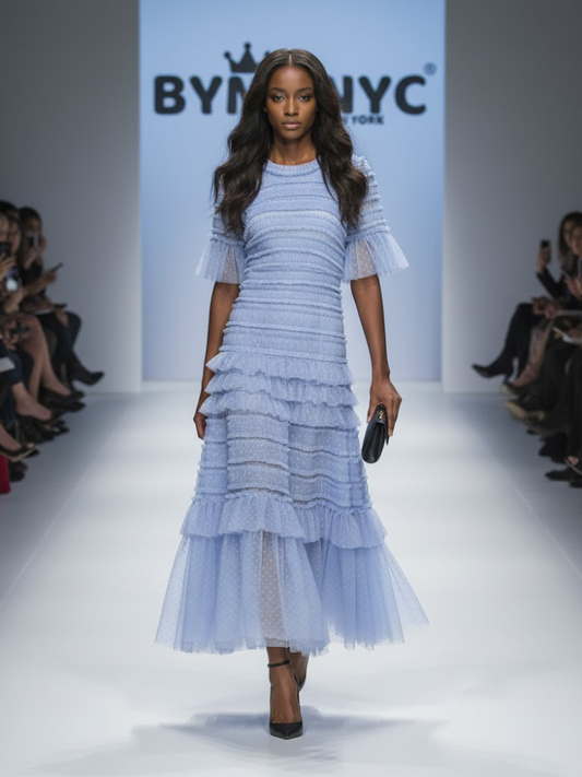 Sky blue ruffle midi dress by BYMANYC New York in layered tulle, shown on a model.