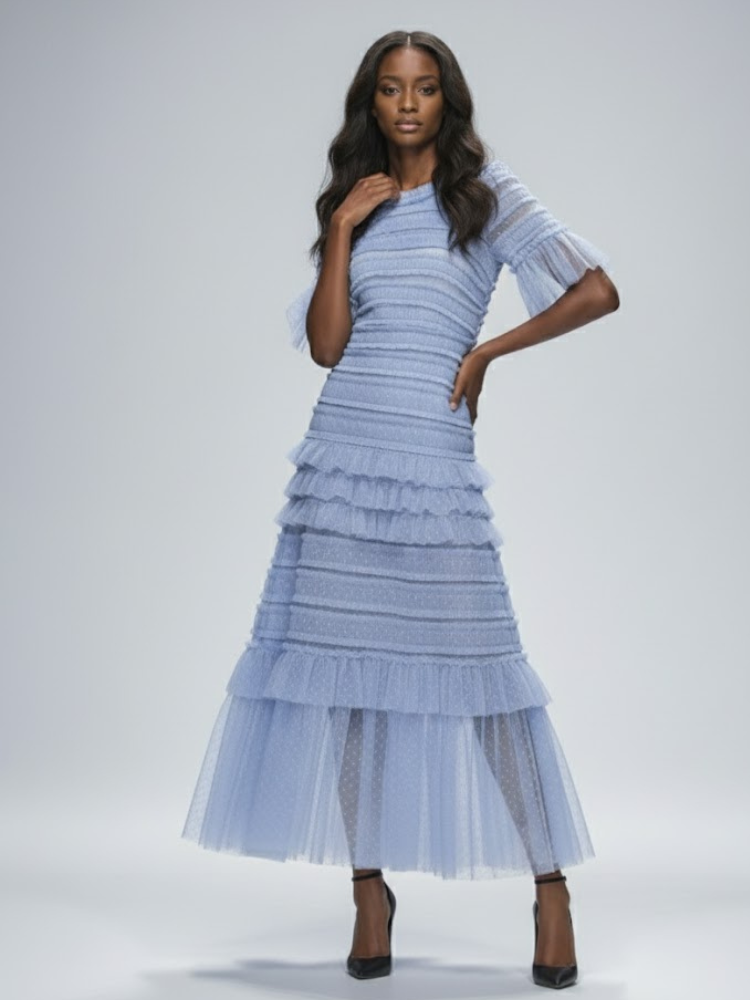 Sky blue ruffle midi dress by BYMANYC New York, close view of the layered tulle tiers.