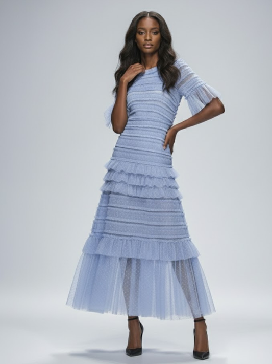 Sky blue ruffle midi dress by BYMANYC New York, close view of the layered tulle tiers.
