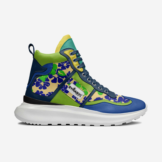 Unisex vegan high top sneakers by BYMANYC New York with a floral print across the upper.