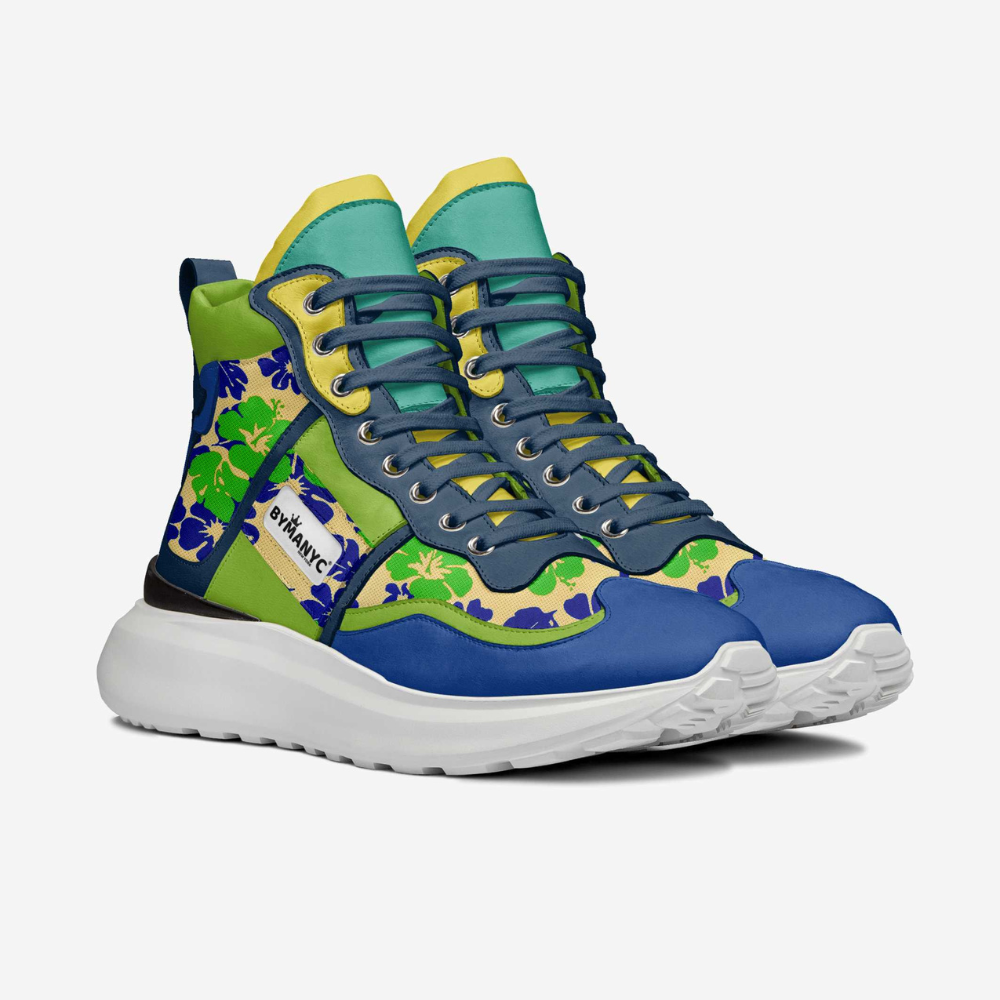 Unisex vegan high top sneakers with a floral print by BYMANYC New York, side view.